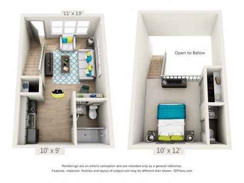 A diagram shows two different layouts for a small apartment.